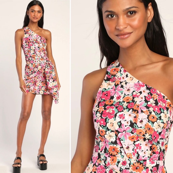 Lulus Dresses & Skirts - Lulu’s Gorgeous Garden Floral One-Shoulder Faux-Wrap Mini Dress Pink Size XS